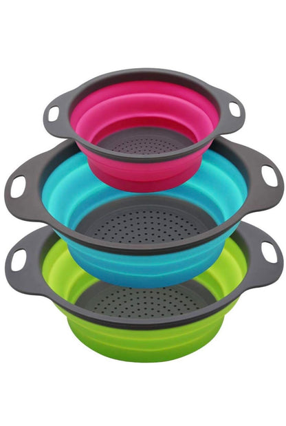 New and improved- Set of 3 Niklye Ultimate Kitchen Strainers—1×10” & 2×12” Collapsible Silicone Colanders. Now more durable and robust for everyday use with pasta, veggies, fruit & more.