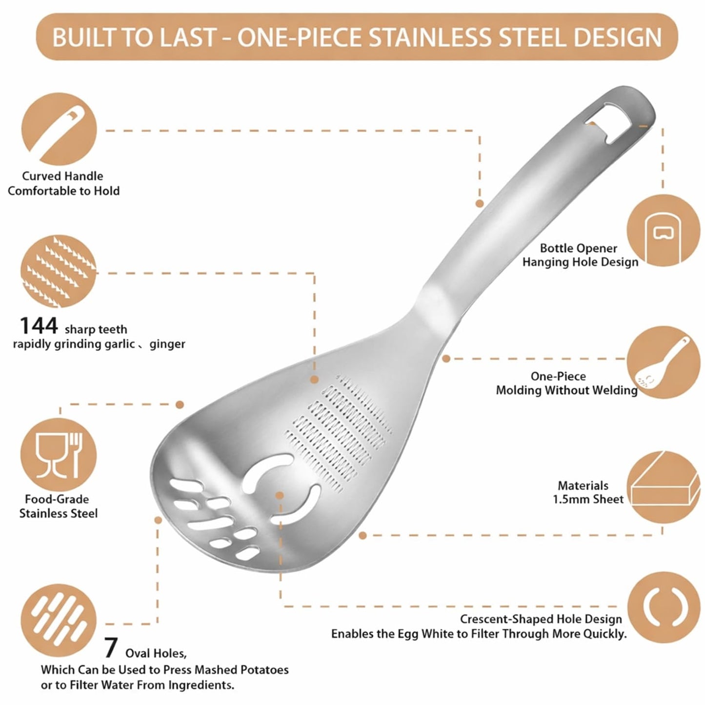 xyadyhz 304 Stainless Steel Cooking Spoon 9.05x3.14in- Multifunctional Kitchen Utensil: Slotted Spatula, Potato Masher, Raw Egg Yolk Separator, Food Grater Plate & Pasta Gadget