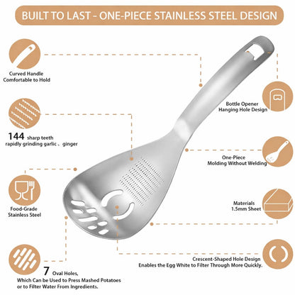 xyadyhz 304 Stainless Steel Cooking Spoon 9.05x3.14in- Multifunctional Kitchen Utensil: Slotted Spatula, Potato Masher, Raw Egg Yolk Separator, Food Grater Plate & Pasta Gadget