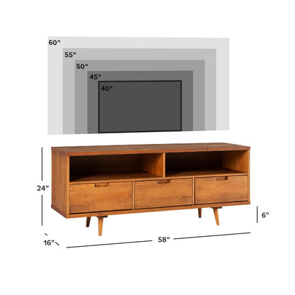 Walker Edison 3-Drawer Mid Century Modern Wood TV Stand for TV's up to 65" Flat Screen Cabinet Door Living Room Storage Entertainment Center, 58 Inch, Caramel