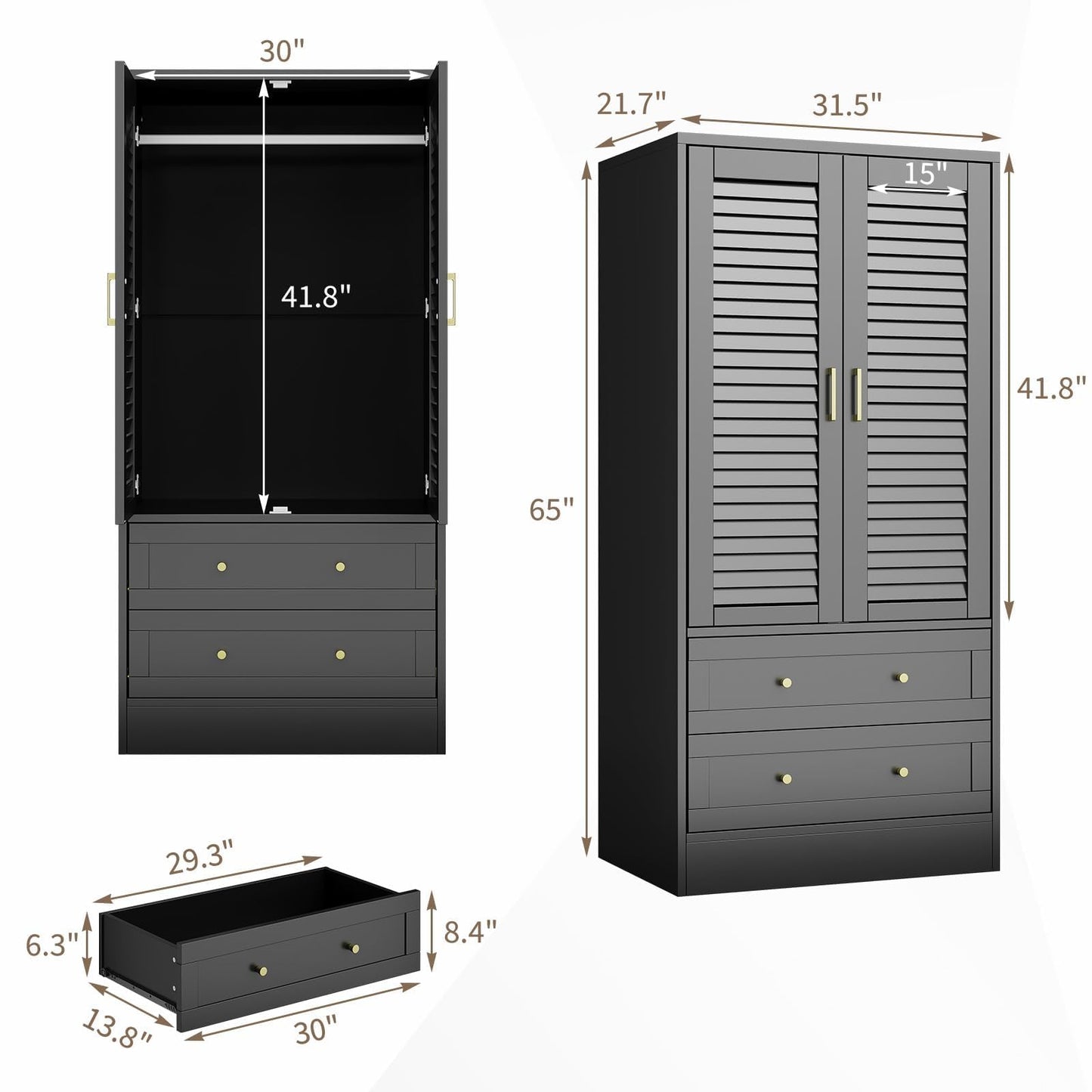 Garvee 65" Louvered Armoire Wardrobe Closet with 2 Doors and 2 Drawers, Large Capacity Storage, Wooden Wardrobe Cabinet with Hanging Rod for Bedroom, Cloak Room, Laundry Room, Entrance Hall, Black