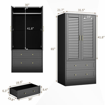 Garvee 65" Louvered Armoire Wardrobe Closet with 2 Doors and 2 Drawers, Large Capacity Storage, Wooden Wardrobe Cabinet with Hanging Rod for Bedroom, Cloak Room, Laundry Room, Entrance Hall, Black