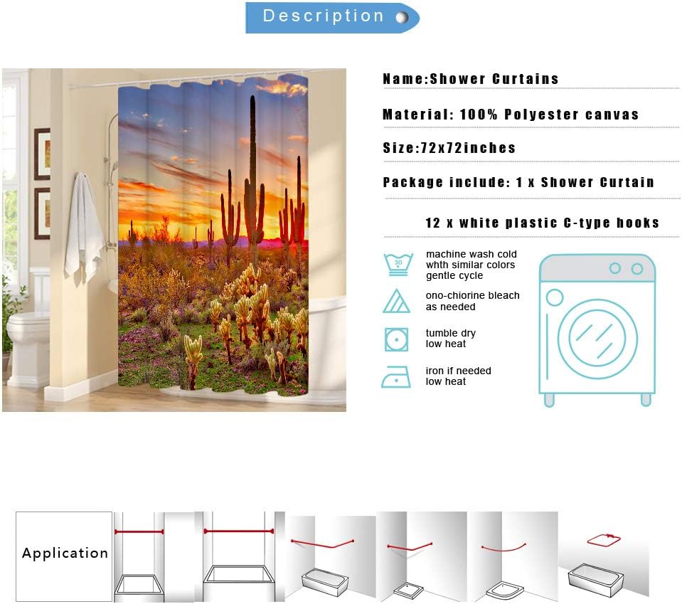 LUKUY Saguaro Shower Curtain, Arizona Desert Landscape with Cactus Mountain Sunset, Cloth Fabric Bathroom Decor Set