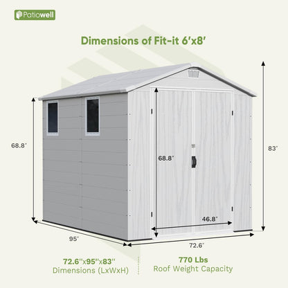 Patiowell 6X8 FT Resin Outdoor Storage Shed with Floor, Plastic Tool Sheds with Lockable Door and Window, Weather-Resistant Garden Shed, Easy Assembly for Backyard, Patio, Light Grey