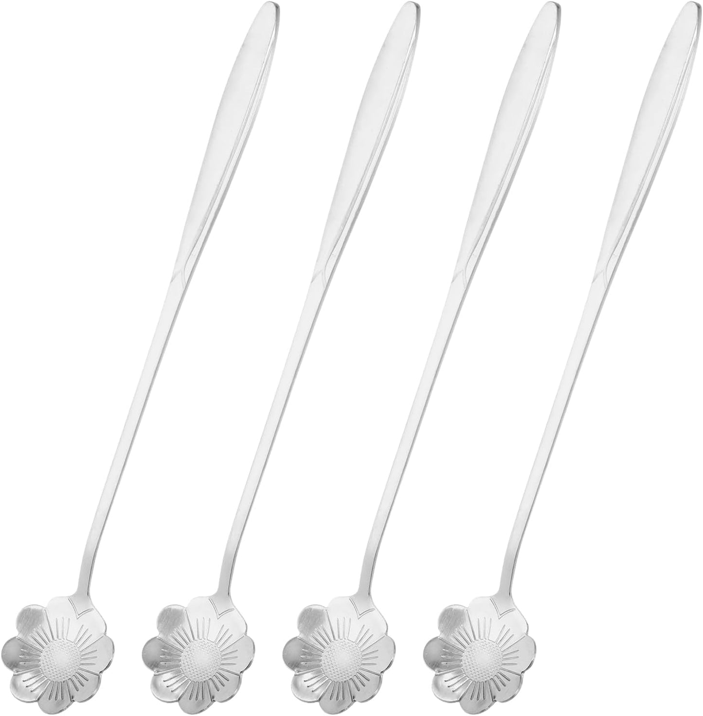 uxcell 4Pcs Stainless Steel Flower Spoon, 7 Inch Long Handle Teaspoon for Ice Cream, Coffee, Cocktail Mixing, Silver