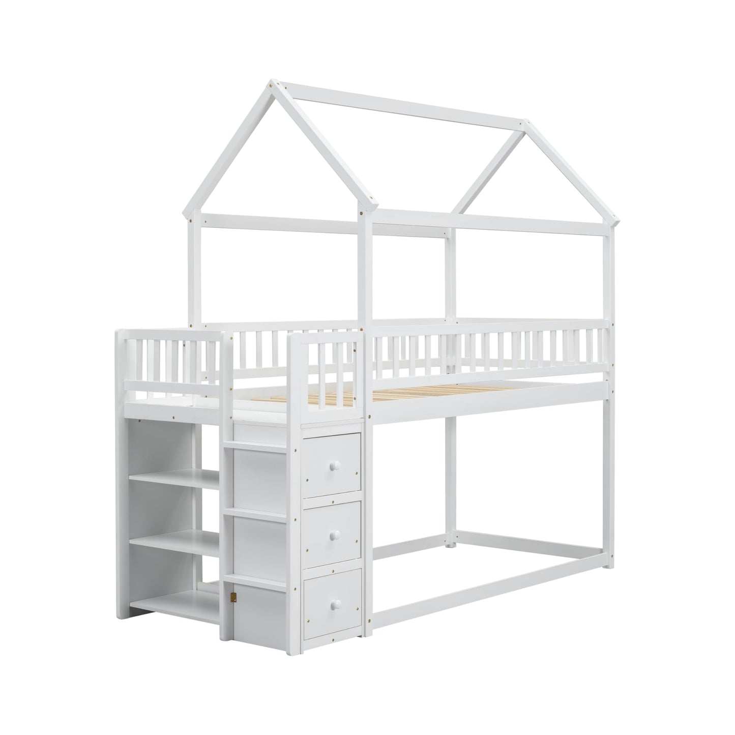 Bellemave Bunk Bed Twin Over Twin, Bunk Bed with Slides and Stairs, House Bunk Bed with roof, Twin bunk Bed for Kids, Teens, Kids bunk beds, White