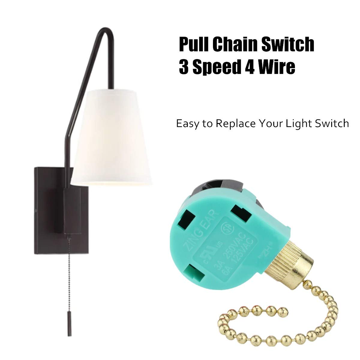 Ceiling Fan Switch 3 Speed 4 Wire Zing Ear ZE-268S6 Pull Chain Switch Control Replacement 3 Speed Control Switch Ceiling Fans, Wall Lamps, Cabinet Light, Brass 3PCS