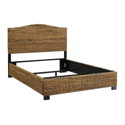 Pemberly Row Coastal Wood/Rattan King Platform Bed, Natural Brown Finish, Handwoven Banana Leaf, Matte Black Feet, 53.75" H x 82.5" W x 86" D, Includes Headboard/Footboard, Rustic Bedroom Furniture