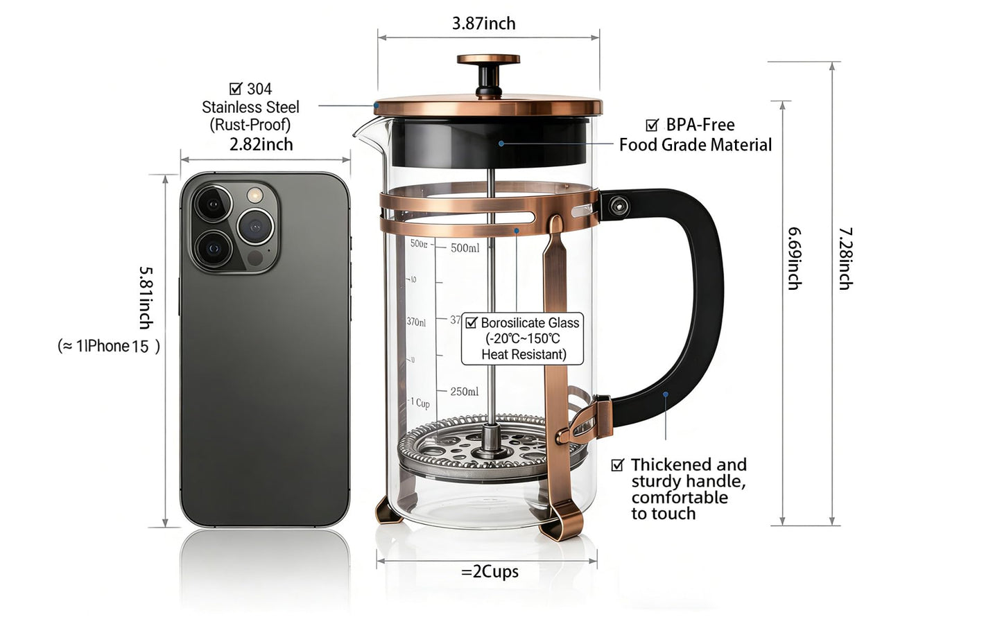 PSAVGLA French Press Coffee Maker 21 oz, 304 Stainless Steel Double Mesh Filter, Borosilicate Glass, Heat-Resistant, BPA-Free, Ideal for Home, Office & Gift (copper, 21oz)