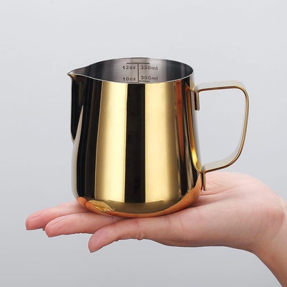 Milk Frothing Pitcher 12oz - 350ml, Kyraton Stainless Steel Espresso Steaming Pitchers with Decorating Pen,Milk Coffee Frother Cups Cappuccino Latte Art Barista Steam Pitchers Milk Jug Cup (Gold)