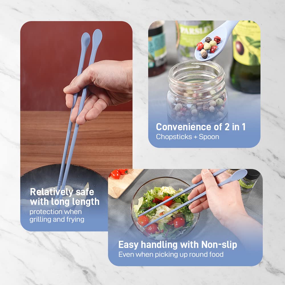 RECOHOME Reusable Long Silicone Cooking Chopsticks with Spoon 12 Inches 1 Pair, Dishwasher Safe, BPA-free Non-Slip,Korea Kitchen Utensils (Pastel Blue, 1 Pair )