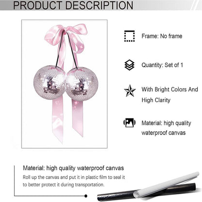 Generic 16x24in Trendy Pink Bow Disco Ball Posters White Cherry Canvas Wall Art Funky Coquette Bow Ribbon Preppy