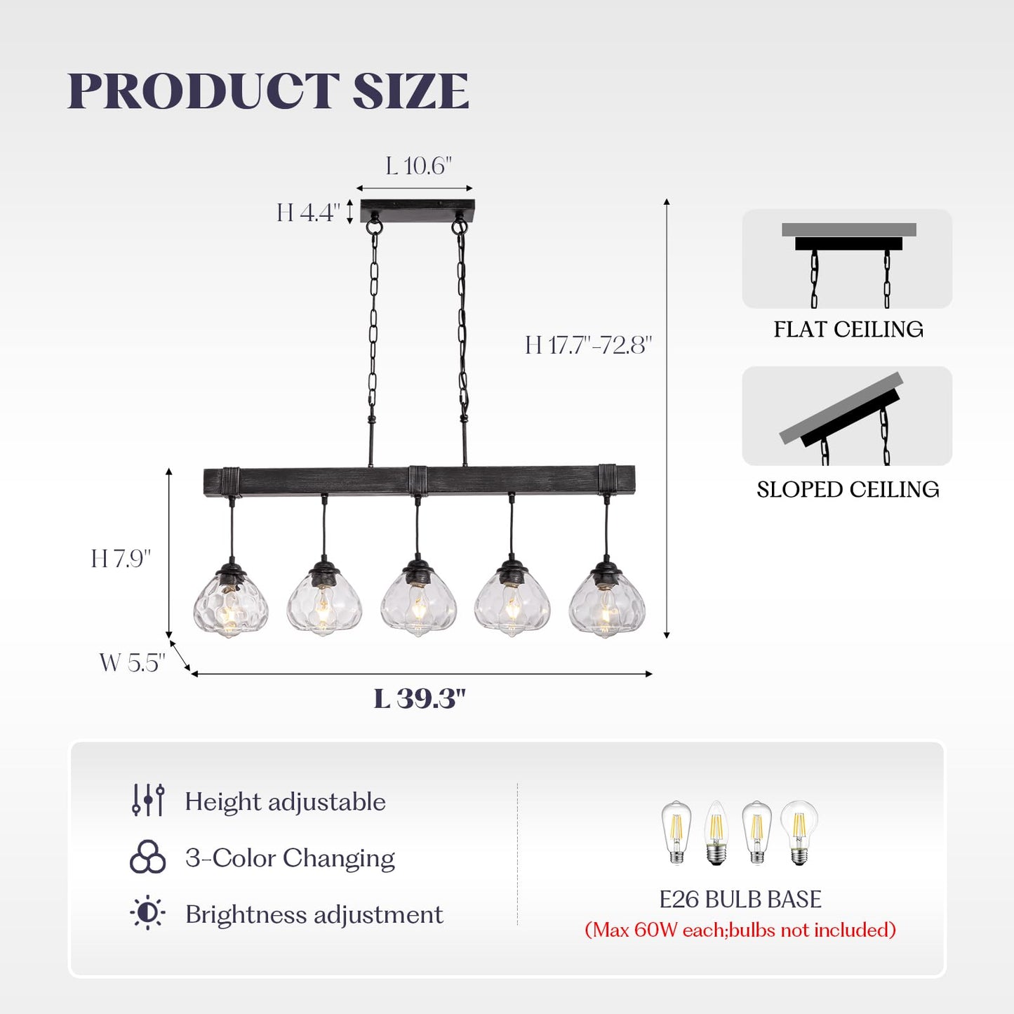 7PMBEANE Linear Chandelier for Dining Room, Modern 5-Light Kitchen Island Lighting,Black Farmhouse Linear Chandelier with Glass Shades, L39IN+W5.5IN+H7.9IN