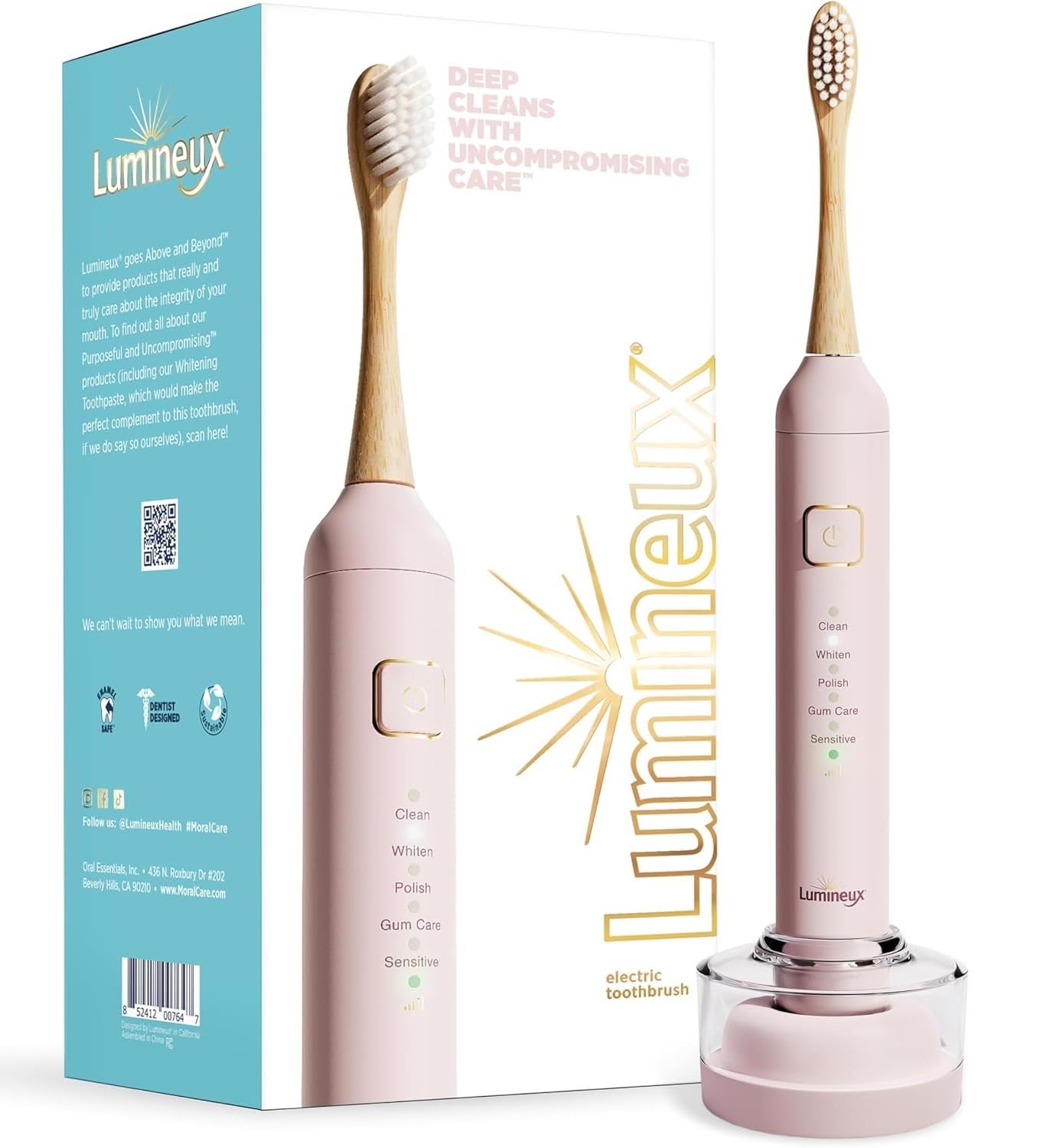 Lumineux Teeth Whitening Sonic Bamboo Electric Toothbrush for Adults - Includes 2 Soft Bristle Replaceable Bamboo Toothbrush Heads, Charging Station & USB Charge Cord - Rechargeable, Bloom Pink