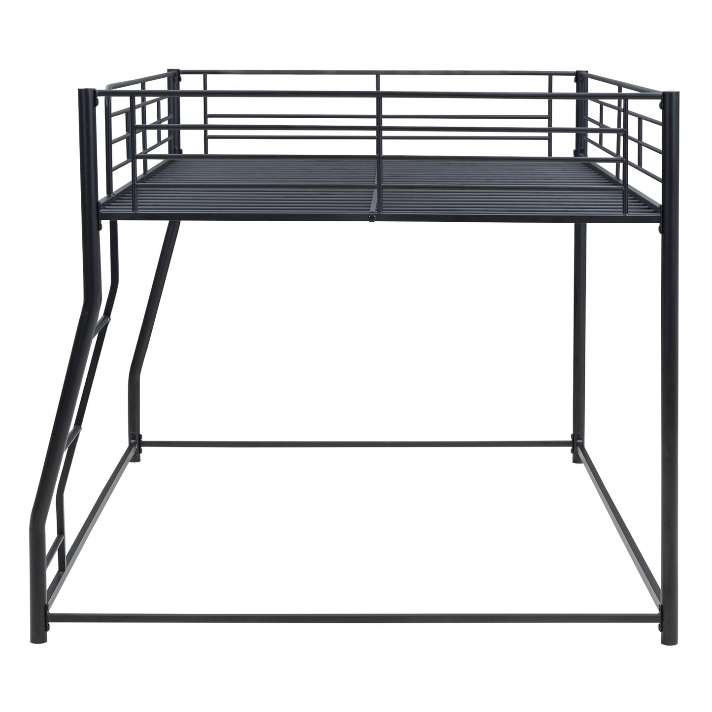 Bellemave Metal Full XL Over Queen bunk Bed, Floor Twin XL Over Queen Bunk Bed Frame with Ladder and Guardrails,Black no slats