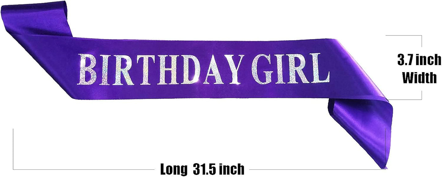 Birthday Girl Sash - Purple Satin Silver Iridescence Glitter Foil Sash for Women's Birthday Party Decorations