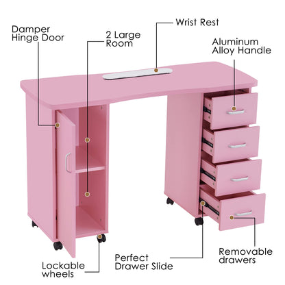 BarberPub Manicure Table, Acetone Resistant Nail Desk, Nail Table with 4 Drawers, 2 Cabinet, Lockable Wheels, Wrist Pad, Nail Desk for Nail Tech, Beauty Salon Pink 0611