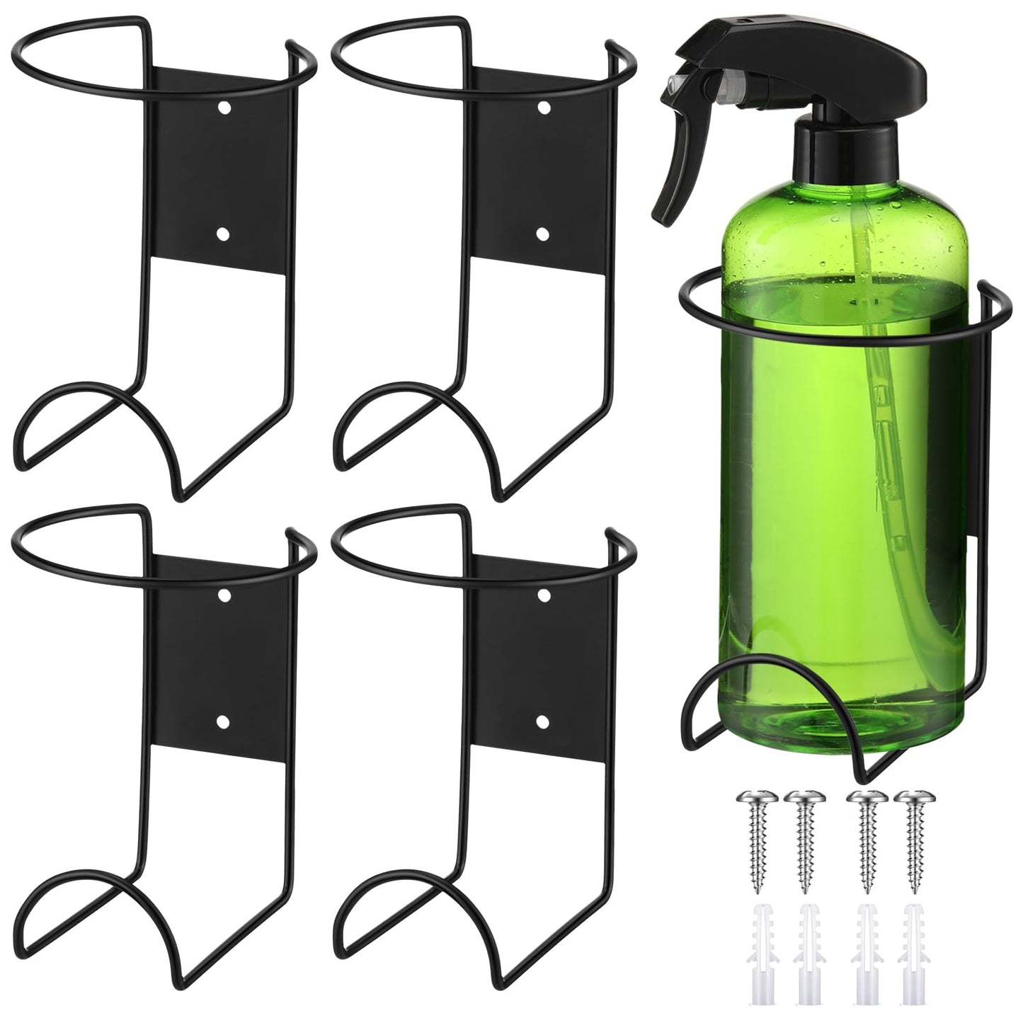 CroBlissful 4 Pcs Spray Bottle Holder Wall Mount Heavy Duty Spray Bottle Rack Stainless Steel Storage Rack Garage Can Organizer Craft with Hardware (Black)