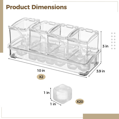 2 Pcs Ice Chilled Condiment Caddy, 4-Compartment Seasoning Box, Includes Base, 4 Spoons, 20 Reusable Ice Cubes, Clear PS, 3.9 x 10 x 3 in, Condiment Server With Lids for Taco Bar, Parties