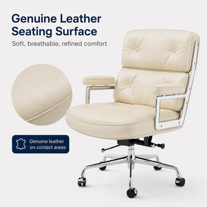 OTDMEL Home Office Chair with Top Grain Leather, Padded Armrests, Mid-Back Upholstered Executive Leather Desk Chair, Aluminum Frame, Adjustable Height, 360 Swivel, Rolling Wheels, 350lbs Capacity