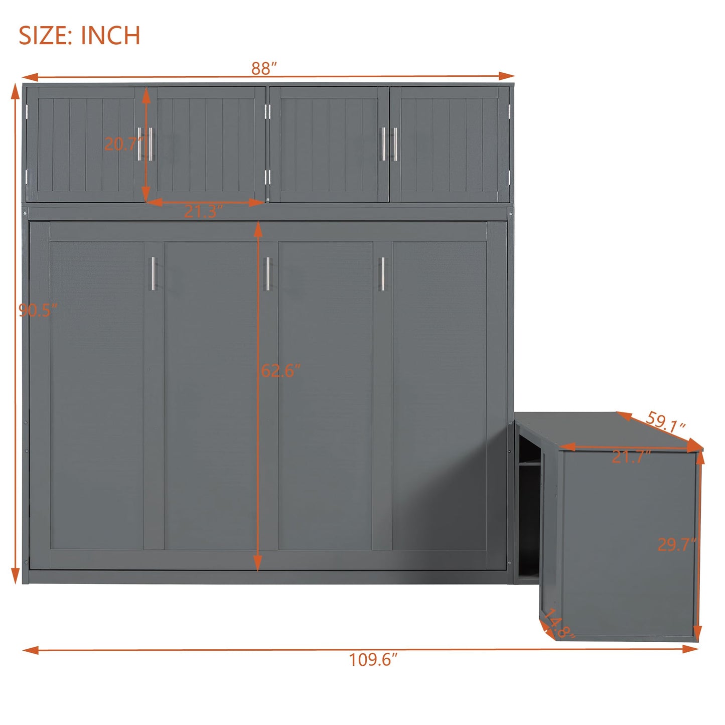 Merax Queen Size Wall Murphy Bed with Desk and Storage Shelves and Big Cabinets for Guest Room, Bed Room, Guest Room, Home Office, Gray