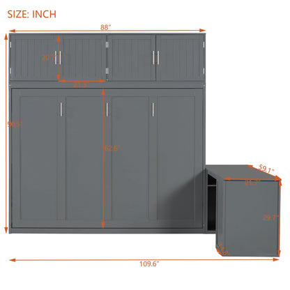 Merax Queen Size Wall Murphy Bed with Desk and Storage Shelves and Big Cabinets for Guest Room, Bed Room, Guest Room, Home Office, Gray
