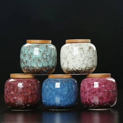 123Arts Ceramic Sugar Bowl, Tea Canister with Sealed Wooden Lid for Kitchen Storage