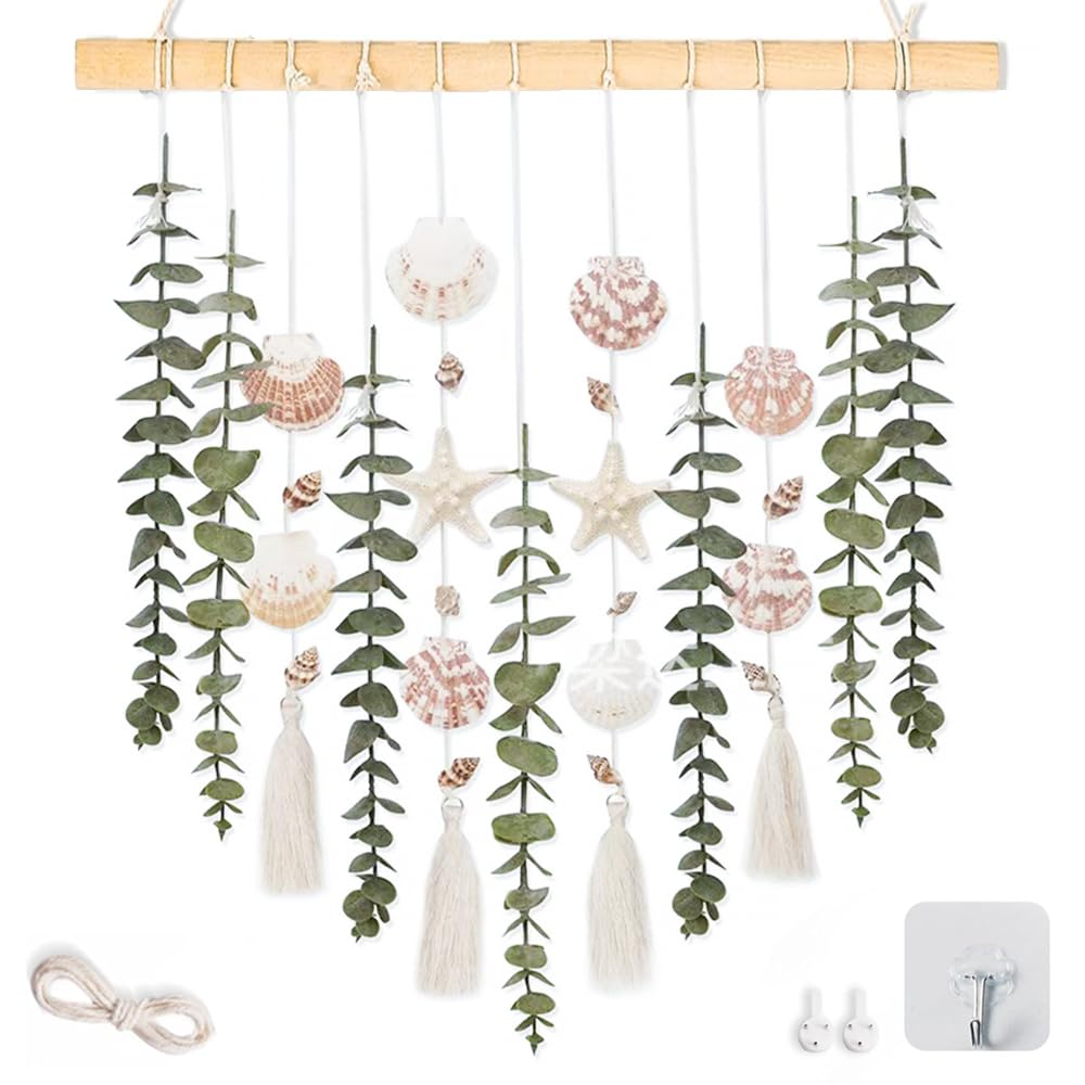 Artificial Eucalyptus Wall Hanging Decor, with Wooden Stick,Chic Boho Rustic Home wall Art Decor for Bathroom Bedroom Office Living Room (Artificial Eucalyptus Cream Tassels with Shells)
