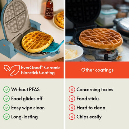 bella Flip-n-Store Waffle Maker with EverGood™ Ceramic Nonstick Coating, Fits-anywhere™ Kitchenware, Power Indicator Light, Cool Touch Handle & Cord Wrap, 7” Wide & 1" Deep Plates, 1000 Watt, Oatmilk