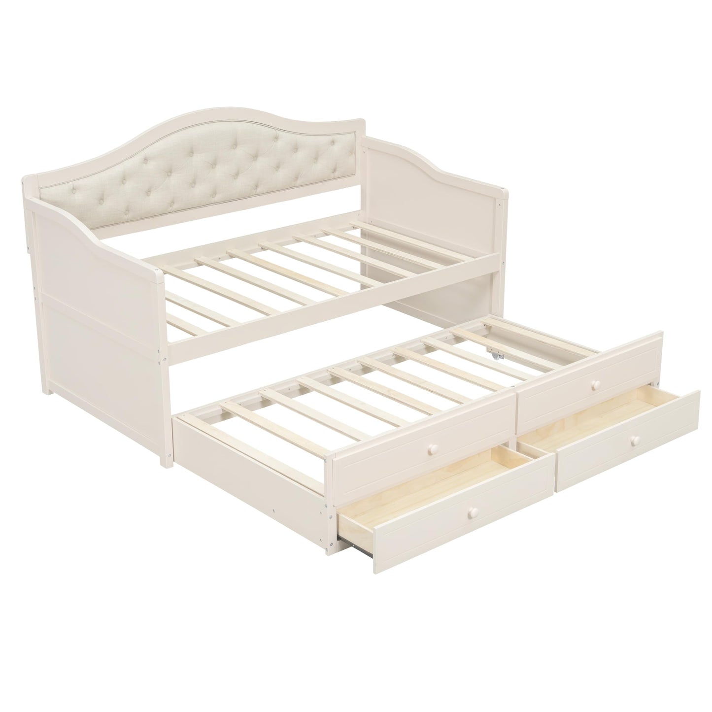 Ball & Cast Twin Size Daybed with Trundle,Wooden Bed w/ 2 Storage Drawers,Sofa Beds w/Upholstered Button Tufted Backrest,Slat Support,for Living Room, Bedroom, Guest Room,Beige