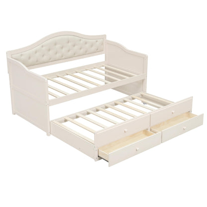 Ball & Cast Twin Size Daybed with Trundle,Wooden Bed w/ 2 Storage Drawers,Sofa Beds w/Upholstered Button Tufted Backrest,Slat Support,for Living Room, Bedroom, Guest Room,Beige