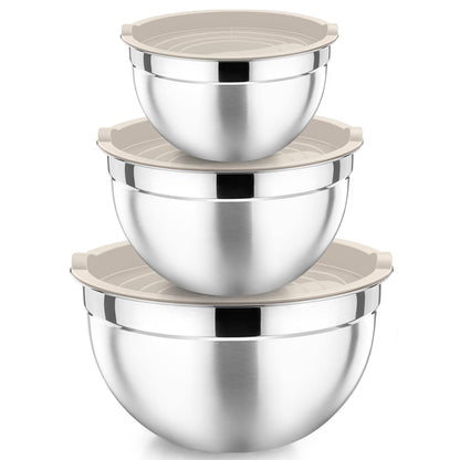 P&P CHEF Khaki Mixing Bowls with Lids, Set of 3, Stainless Steel Salad Nesting Bowl for Mixing, Storing, Prepping, Airtight & Stackable, Size 4.6/3 /1.5 QT
