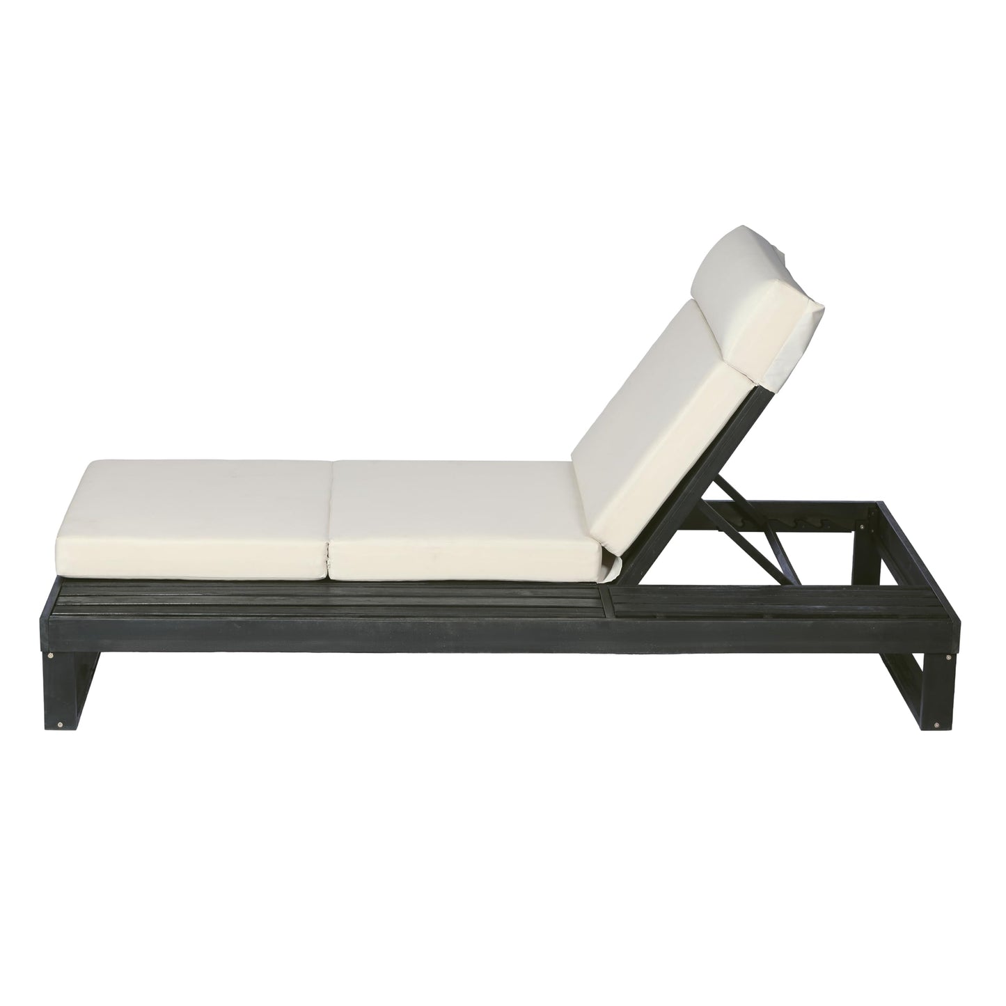 Merax 2 Piece Black Acacia Wood Chaise Lounge with 4-Inch Beige 4-Fold Cushion Set, Adjustable Outdoor Patio Lounger with Flat Side Surface, for Poolside