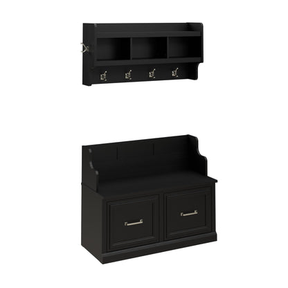 Bush Home Woodland 40W Entryway Bench with Doors and Wall Mounted Coat Rack in Black Suede Oak | Mudroom Shoe Storage, Clothing Organizer