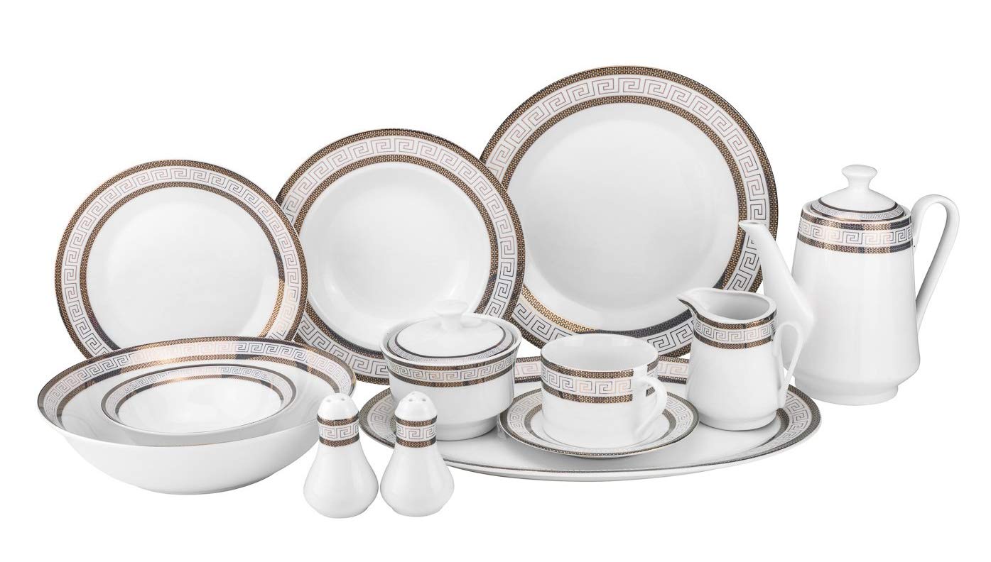Euro Porcelain 57-pc Banquet Dinnerware Set, Luxury Tableware Dining Service for 8 (Greek Key Dark)