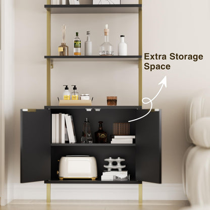 Set of 2 Ladder Bookshelf with Cabinet, 71" Tall Bookcase with Shelves & Storage, Fluted Ladder Shelf with Metal Frame, 6-Tier Display Rack for Living/Bedroom, Home & Office, Black & Gold