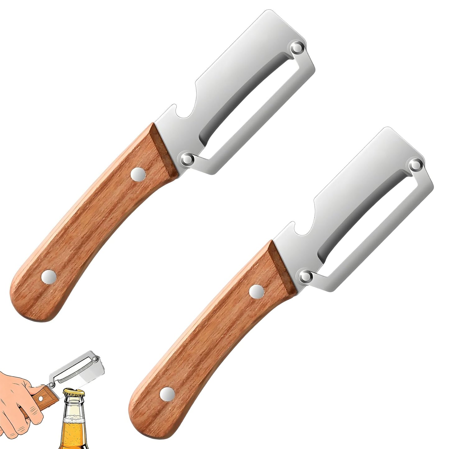 2 Pack Multifunctional Vegetable Peeler, 2-in-1 Kitchen Peeler with Bottle Opener, Wooden Handle & Stainless Steel Blade, for Potato, Carrot, Fruit, Pumpkin, Papaya & More