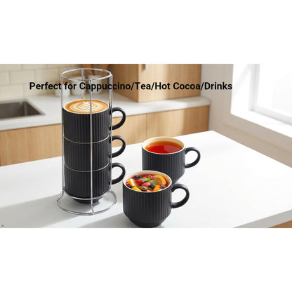 HASENSE Coffee Mug Ceramic Set of 4 with Stand, Stackable Large Latte Cups with Metal Stand, Dishwasher & Microwave Safe, Black for Cappuccino Tea Hot Cocoa