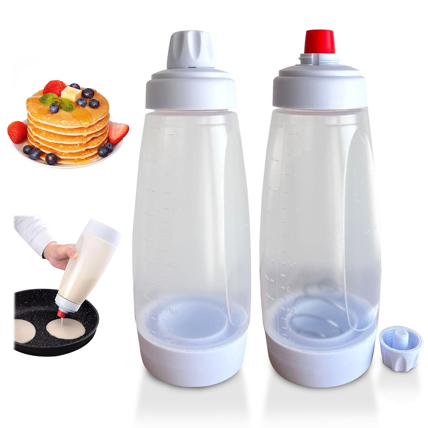 2 Packs of Pancake Batter Dispenser,1000ml Squeeze Pancake Dispenser Mixer Bottle with Stainless Steel wire whisk Ball,Suitable for Pancakes Crepes Waffle Muffins Qatayef Cupcak
