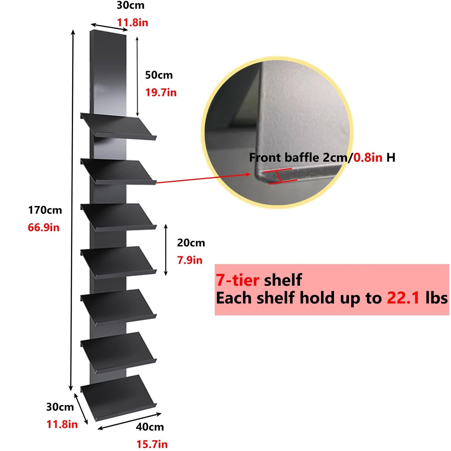 Heavy-Duty Wall Mount Tile Display Rack for Marble & Stone Samples, 7-Shelf Wooden Plate Holder, Glass Sample Storage Stand for Retail Stores (40x30x170cm)