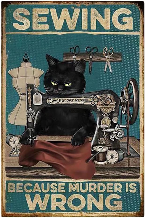 Yepzoer Cat Kitty Sewing Retro Style Bar Sign Wall Art Decor, Sewing Because Murder is Wrong, 12x8 inch Metal Sign
