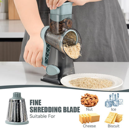 KEOUKE Rotary Cheese Grater Hand Crank Transparent - Shredder Slicer Grinder 3 Stainless Steel Blades, Stable Suction, Labor-Saving Handle, Safe Kitchen Tool for Cheese, Vegetable, Nuts, Chocolate