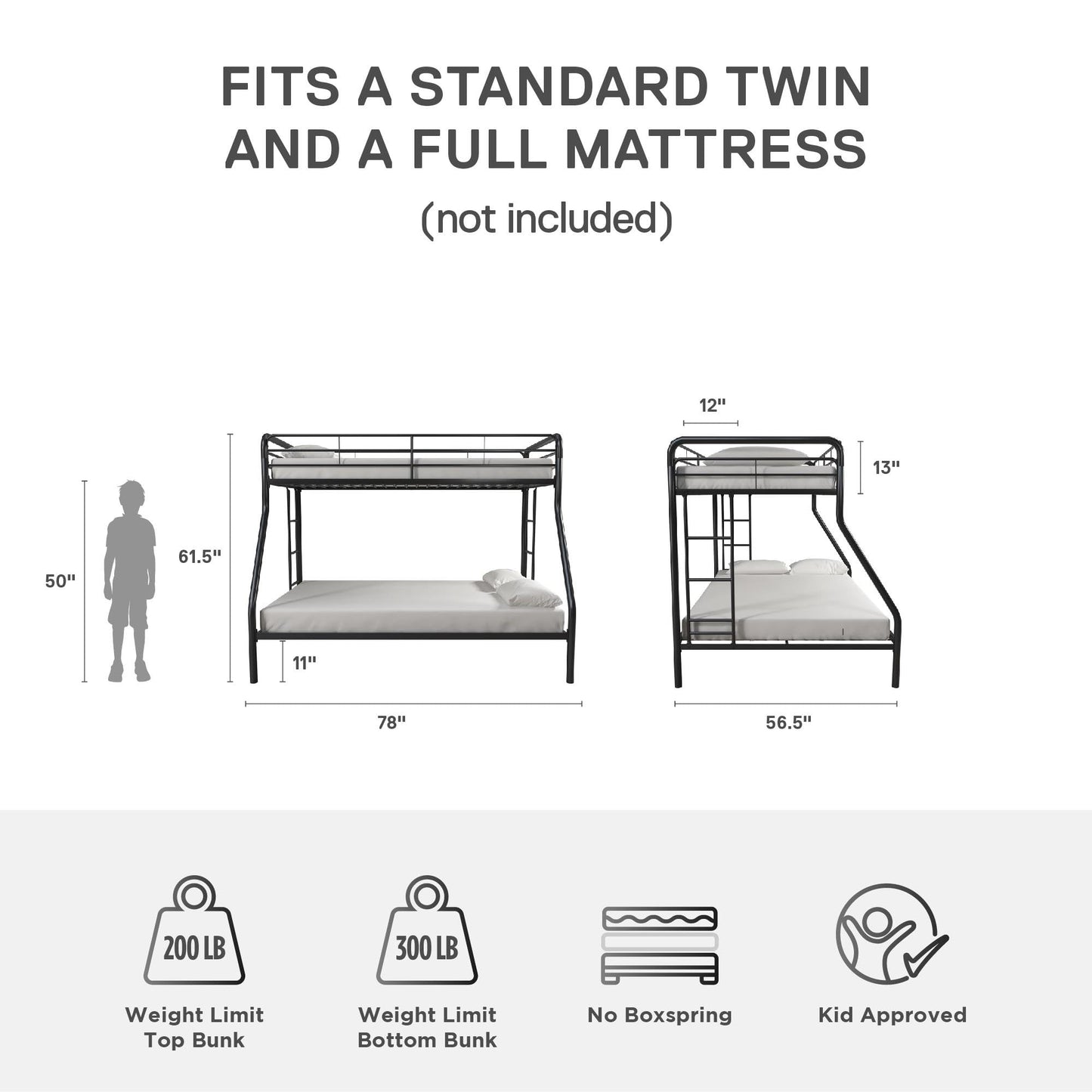DHP Dusty Metal Bunk Bed with Secured Ladders, Twin/Full, Black