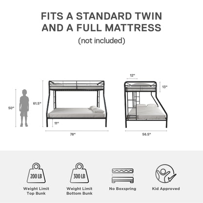 DHP Dusty Metal Bunk Bed with Secured Ladders, Twin/Full, Black