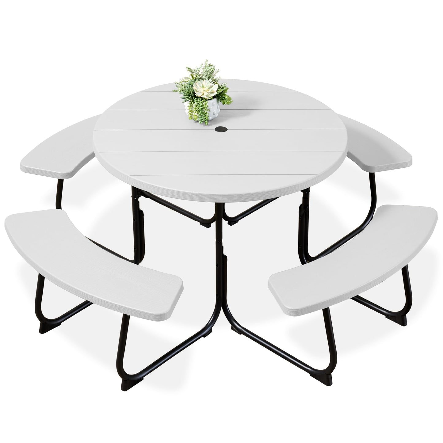 Best Choice Products 8-Person Outdoor Bench Patio Picnic Table, Circular w/ 4 Built-in Benches and Umbrella Hole, 2000lb Capacity - White
