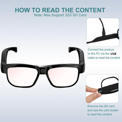 Camera Glasses Video Glasses HD Smart Glasses Recording Outdoor Sport Glasses with Camera Wearable Eyeglass Built-in 32G Memory Card only Open on Computer