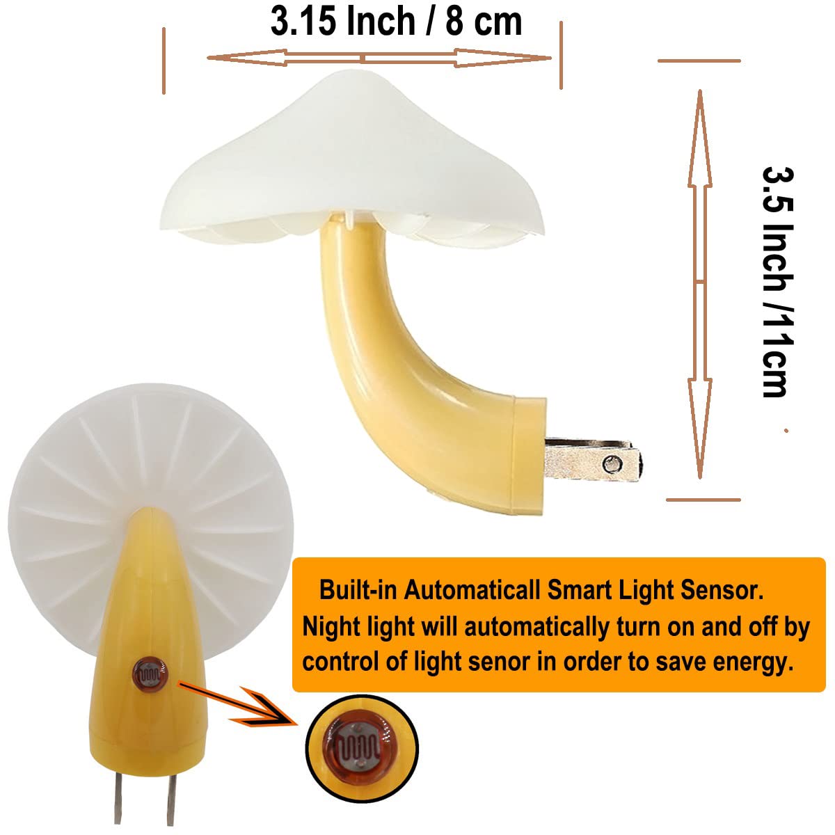 AUSAYE Sensor LED Night Light Plug in Wall Lamp, Energy Saving NightLight Cute Mushroom Night Lights for Adults Kids Bedroom,Bathroom,Toilet, Stairs, Kitchen,Hallway Corridor Warm White