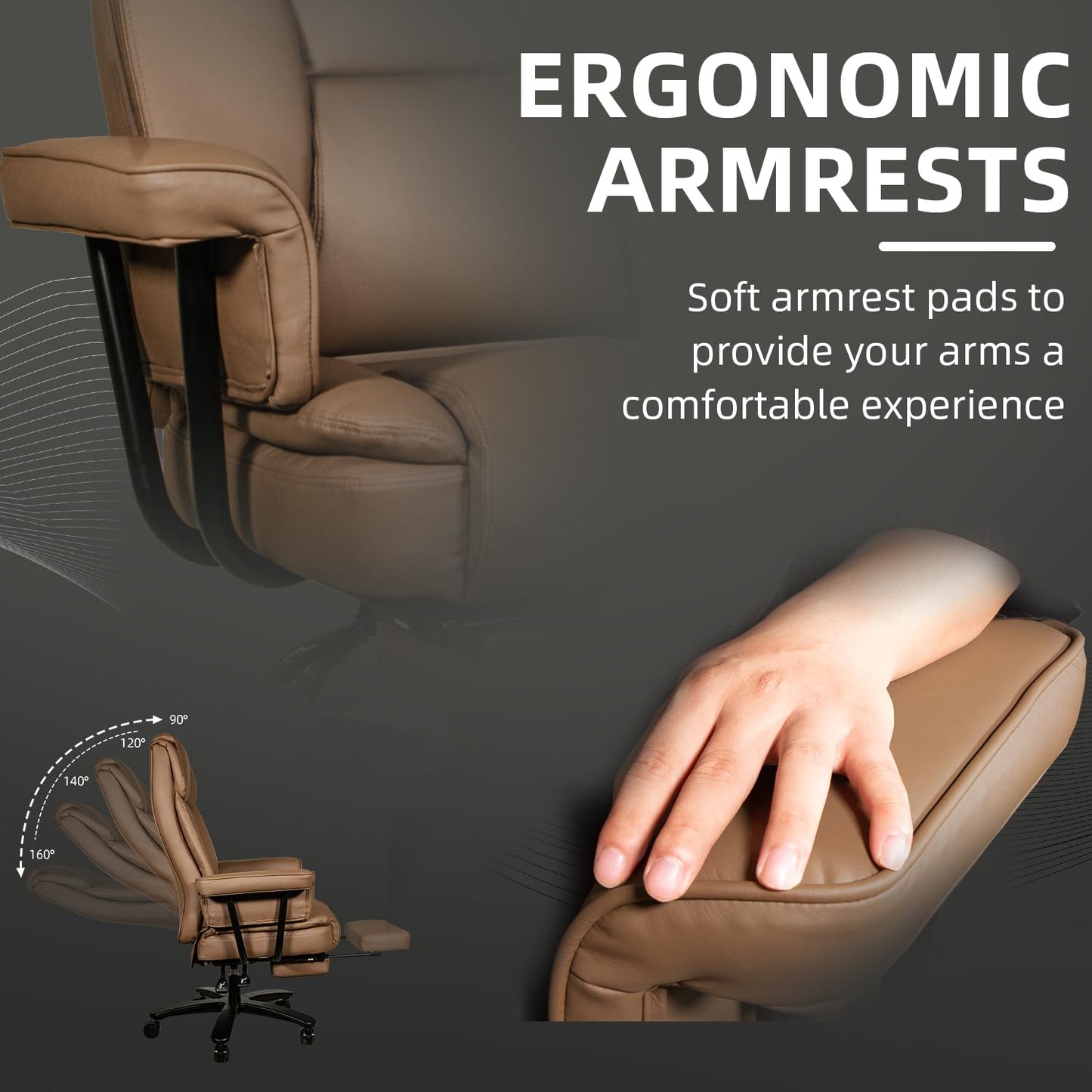 Sucrever Reclining Office Chair with Footrest, Big and Tall Home Office Desk Chairs 400lbs with High Back, Criss Cross Wide Seat, Heavy Duty Base, Pu Leather, Brown