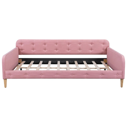 GDFStudio Full Size Upholstered Daybed with Support Legs, Linen Sofa Bed Frame with Button Tufted Sides, Wood Slat Support, No Box Spring Required, Modern Guest Bed for Bedroom or Living Room, Pink