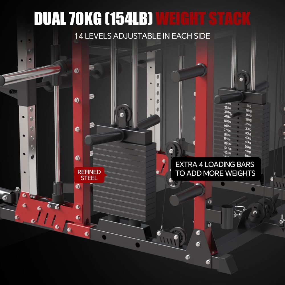 FAGUS H Commercial Smithe Machine with Weight Bench Combo,4000LBS Power Cage Squat Rack with 308lb Dual Weight Stacks,Multi-Functional Trainer Cable Crossover Machine with Lever Arm for Home Gym,Red